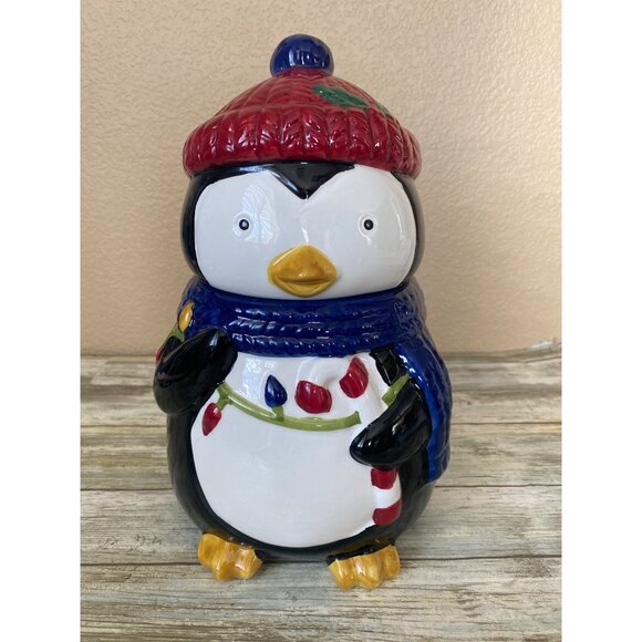 Winter Wonder Lane Penguin Ceramic Cookie Jar Christmas - Picture 1 of 11
